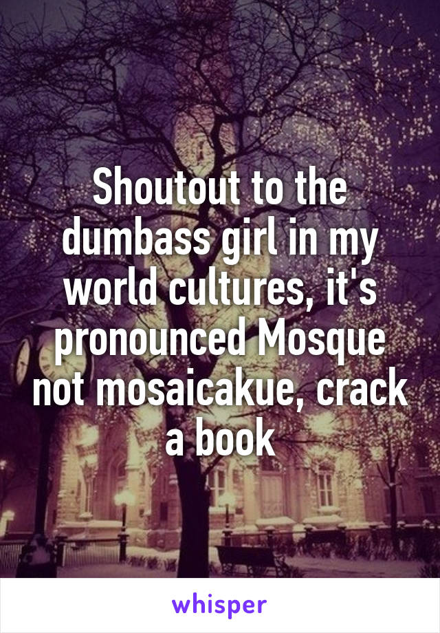 Shoutout to the dumbass girl in my world cultures, it's pronounced Mosque not mosaicakue, crack a book