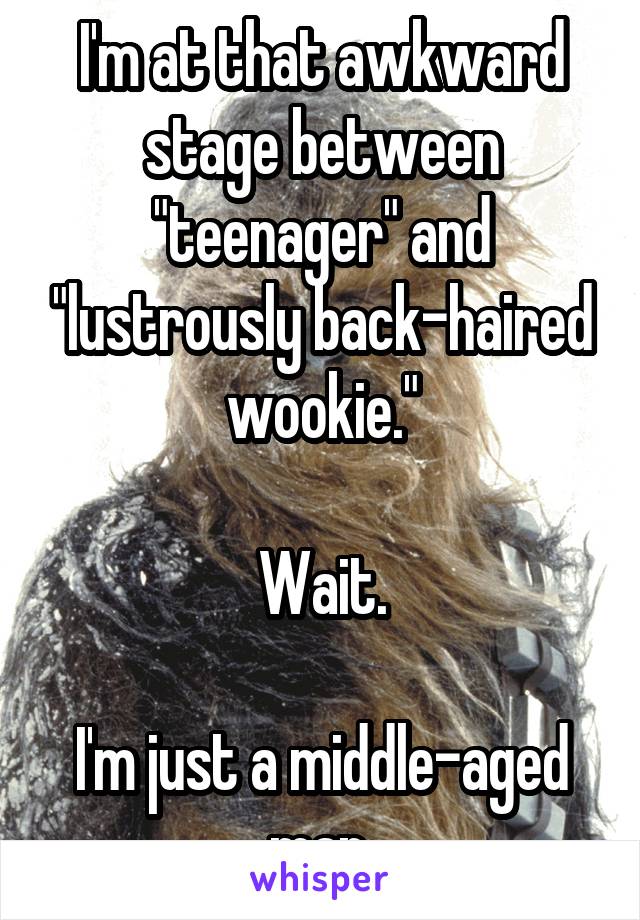 I'm at that awkward stage between "teenager" and "lustrously back-haired wookie."

Wait.

I'm just a middle-aged man.