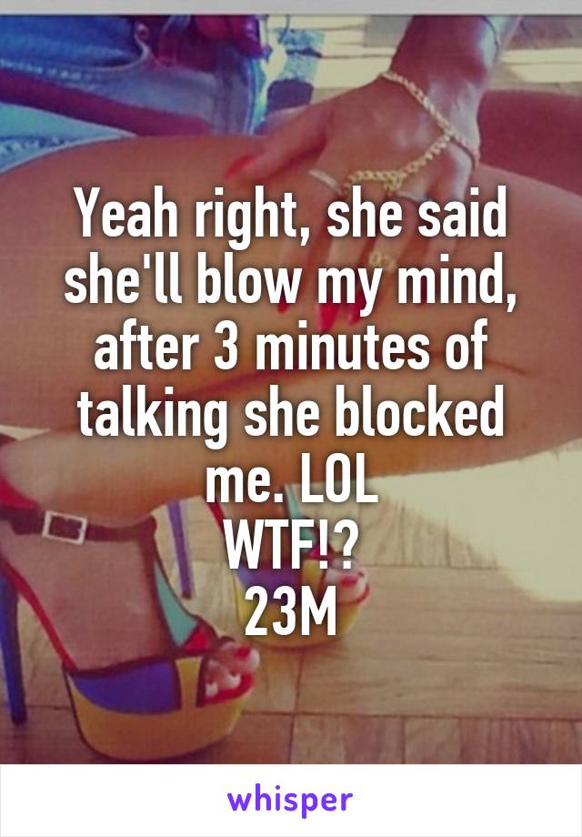 Yeah right, she said she'll blow my mind, after 3 minutes of talking she blocked me. LOL
WTF!?
23M