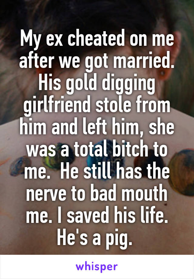 My ex cheated on me after we got married. His gold digging girlfriend stole from him and left him, she was a total bitch to me.  He still has the nerve to bad mouth me. I saved his life. He's a pig. 