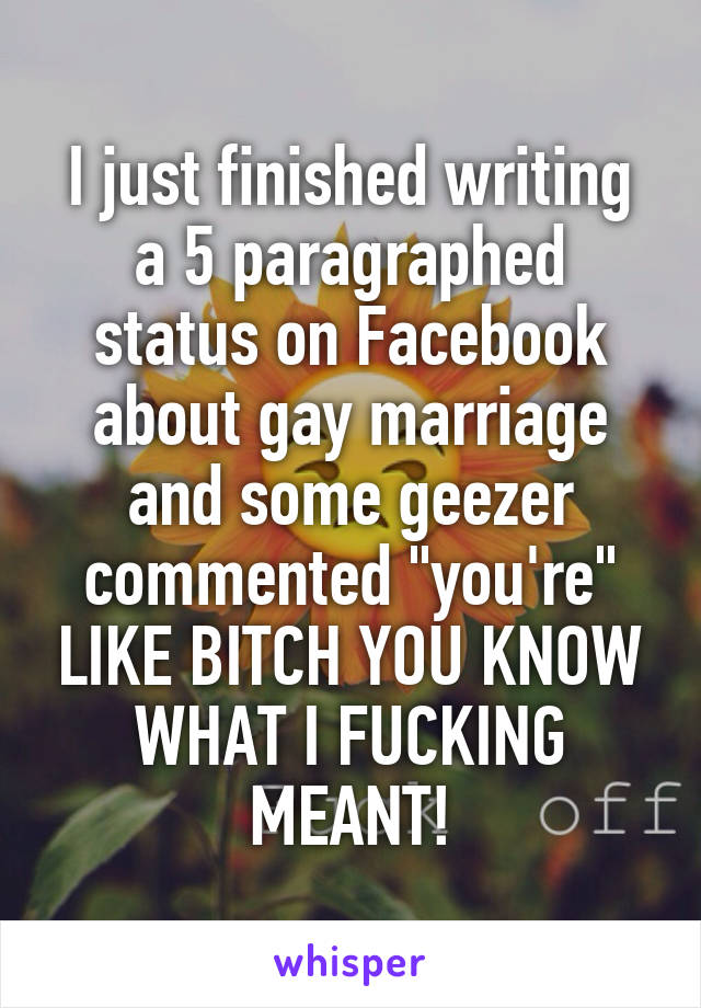 I just finished writing a 5 paragraphed status on Facebook about gay marriage and some geezer commented "you're" LIKE BITCH YOU KNOW WHAT I FUCKING MEANT!