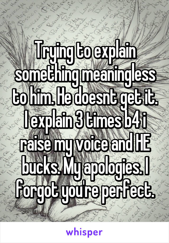 Trying to explain something meaningless to him. He doesnt get it. I explain 3 times b4 i raise my voice and HE bucks. My apologies. I forgot you're perfect.