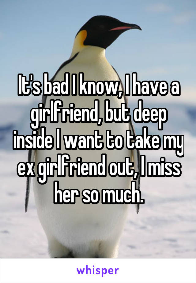 It's bad I know, I have a girlfriend, but deep inside I want to take my ex girlfriend out, I miss her so much.