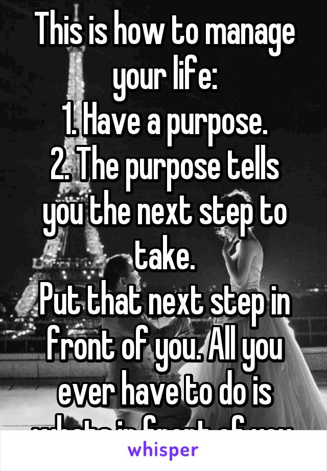 This is how to manage your life:
1. Have a purpose.
2. The purpose tells you the next step to take.
Put that next step in front of you. All you ever have to do is whats in front of you.