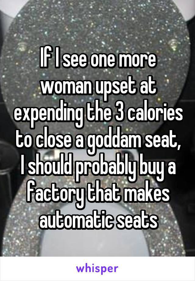 If I see one more woman upset at expending the 3 calories to close a goddam seat, I should probably buy a factory that makes automatic seats