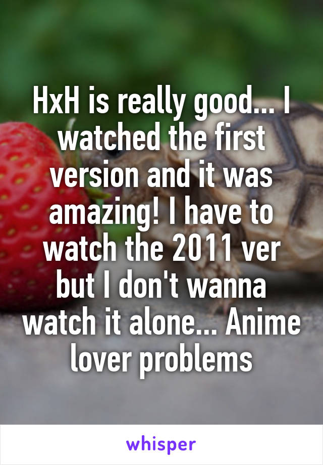 HxH is really good... I watched the first version and it was amazing! I have to watch the 2011 ver but I don't wanna watch it alone... Anime lover problems