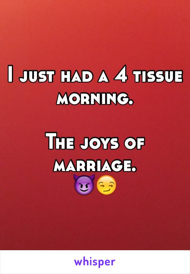 I just had a 4 tissue morning. 

The joys of marriage.
😈😏
