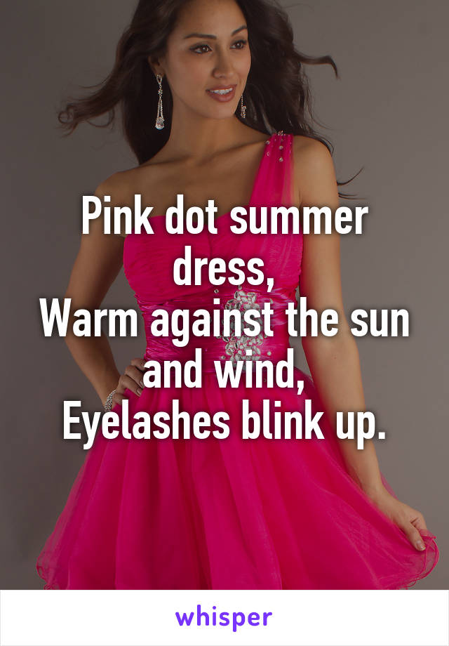 Pink dot summer dress,
Warm against the sun and wind,
Eyelashes blink up.