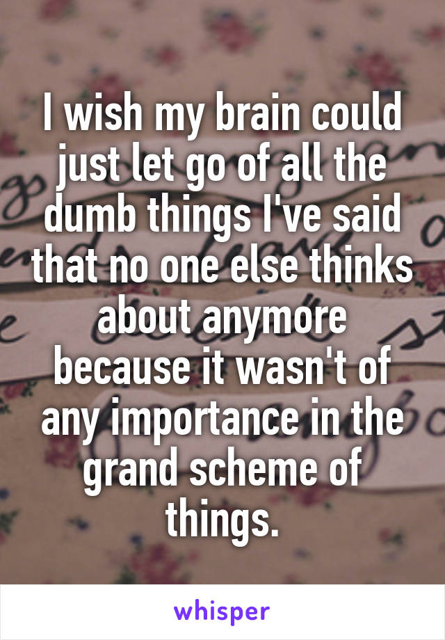 I wish my brain could just let go of all the dumb things I've said that no one else thinks about anymore because it wasn't of any importance in the grand scheme of things.