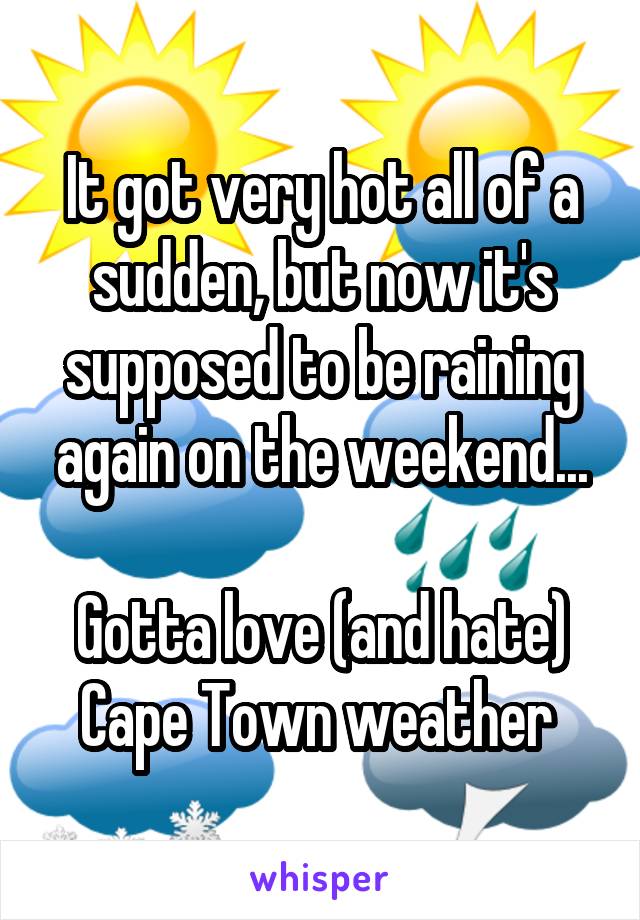 It got very hot all of a sudden, but now it's supposed to be raining again on the weekend...

Gotta love (and hate) Cape Town weather 