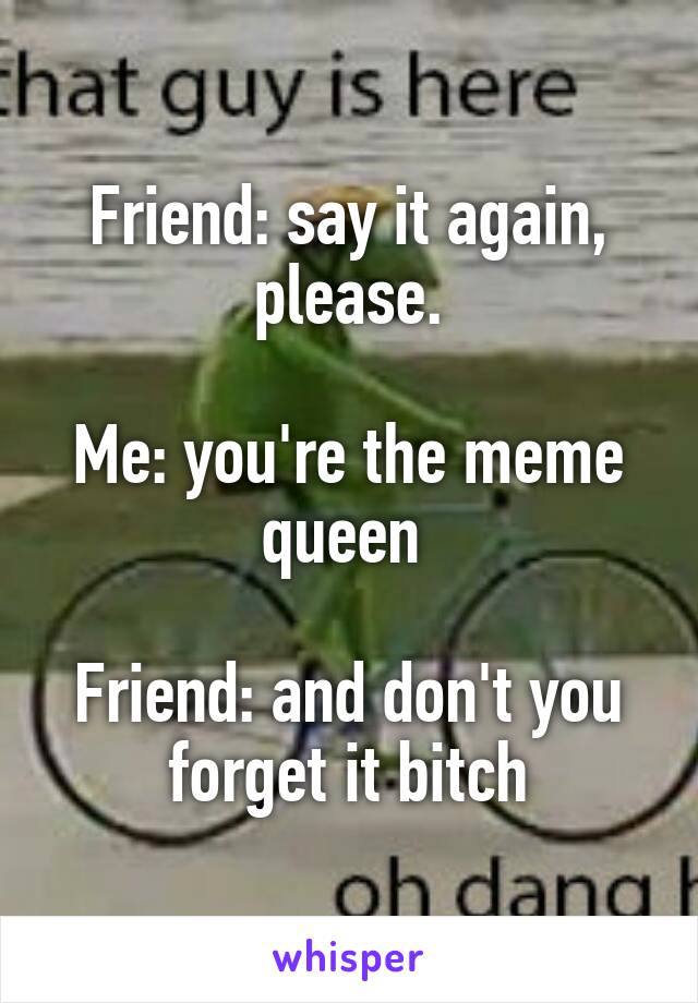 Friend: say it again, please.

Me: you're the meme queen 

Friend: and don't you forget it bitch