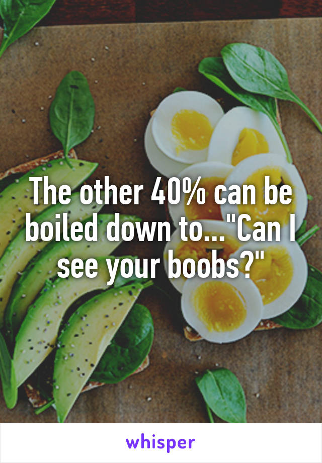 The other 40% can be boiled down to..."Can I see your boobs?"