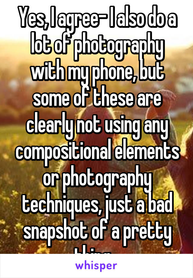 Yes, I agree- I also do a lot of photography with my phone, but some of these are clearly not using any compositional elements or photography techniques, just a bad snapshot of a pretty thing...