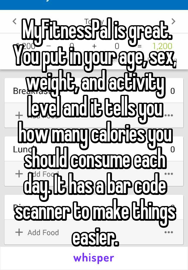  MyFitnessPal is great. You put in your age, sex, weight, and activity level and it tells you how many calories you should consume each day. It has a bar code scanner to make things easier.