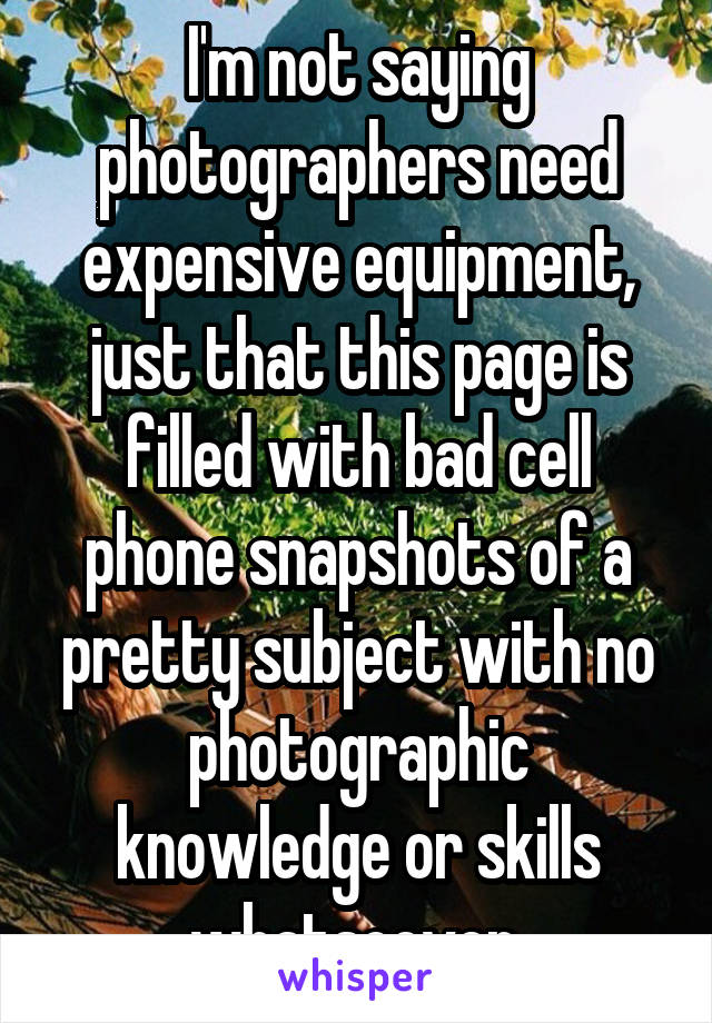 I'm not saying photographers need expensive equipment, just that this page is filled with bad cell phone snapshots of a pretty subject with no photographic knowledge or skills whatsoever.