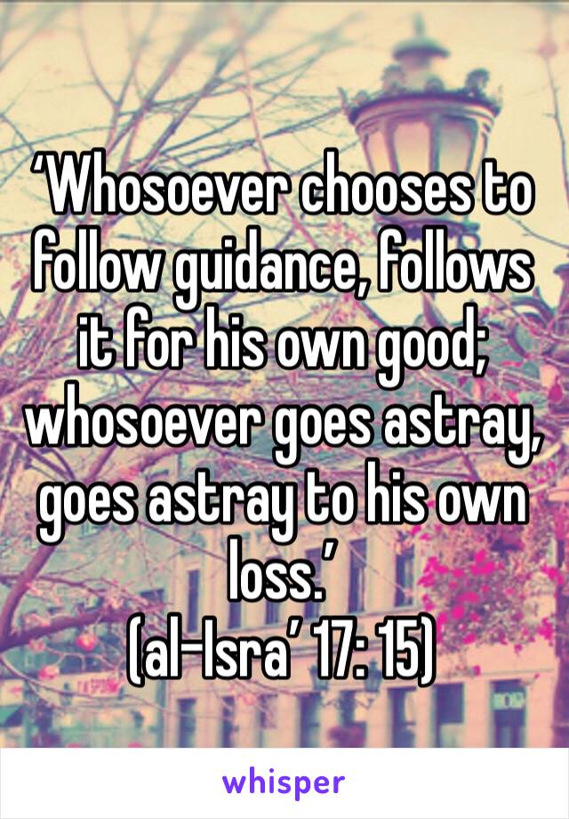 ‘Whosoever chooses to follow guidance, follows it for his own good; whosoever goes astray, goes astray to his own loss.’
(al-Isra’ 17: 15)