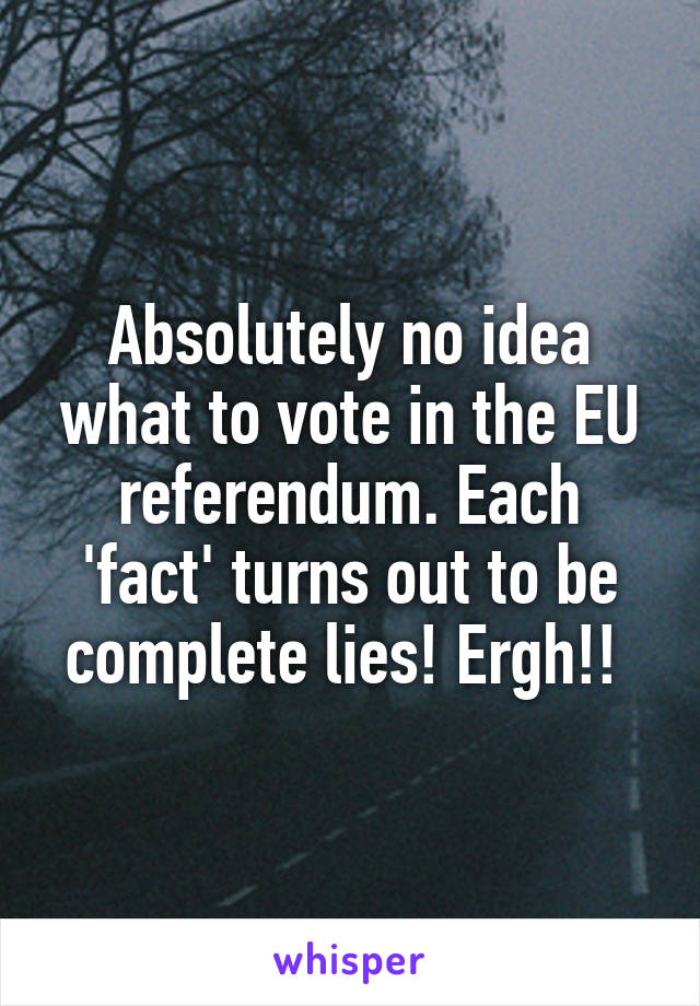 Absolutely no idea what to vote in the EU referendum. Each 'fact' turns out to be complete lies! Ergh!! 