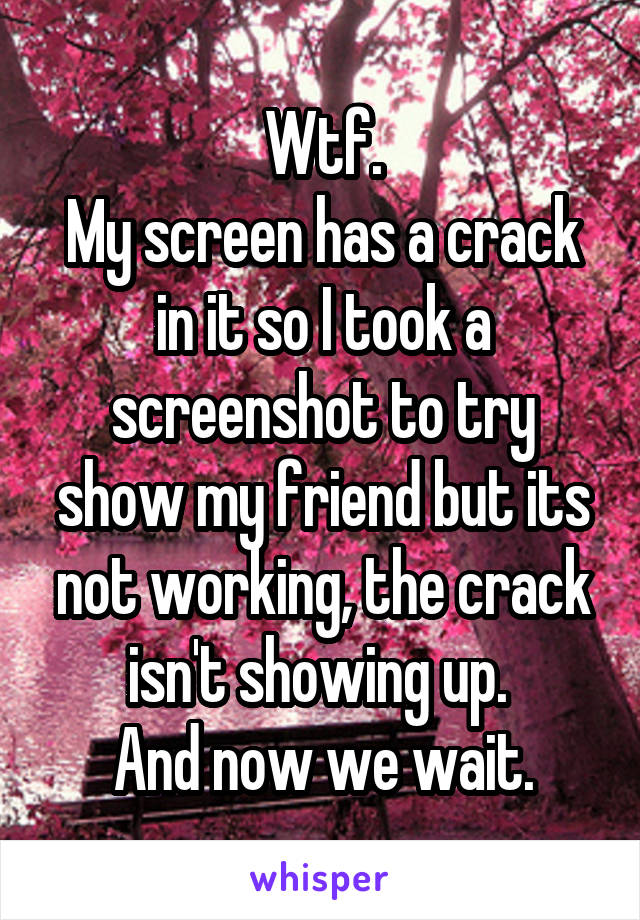 Wtf.
My screen has a crack in it so I took a screenshot to try show my friend but its not working, the crack isn't showing up. 
And now we wait.