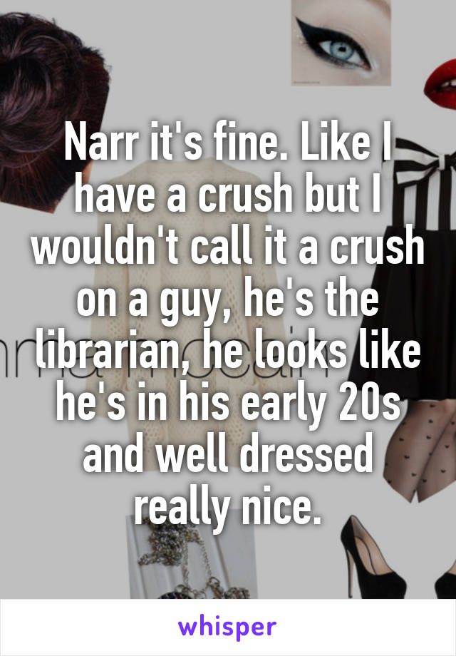 Narr it's fine. Like I have a crush but I wouldn't call it a crush on a guy, he's the librarian, he looks like he's in his early 20s and well dressed really nice.