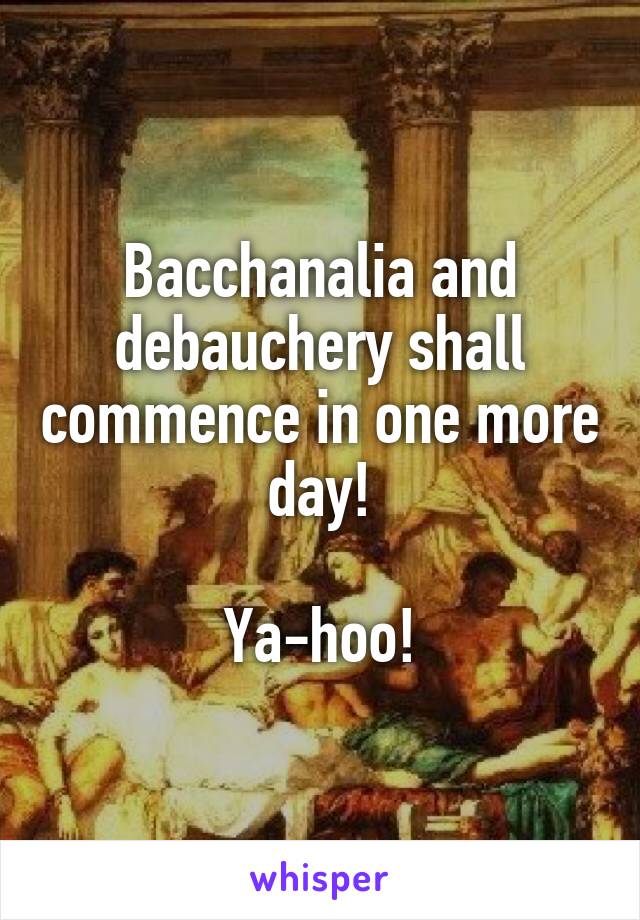 Bacchanalia and debauchery shall commence in one more day!

Ya-hoo!