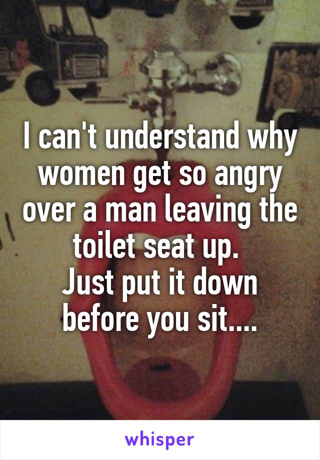 I can't understand why women get so angry over a man leaving the toilet seat up. 
Just put it down before you sit....