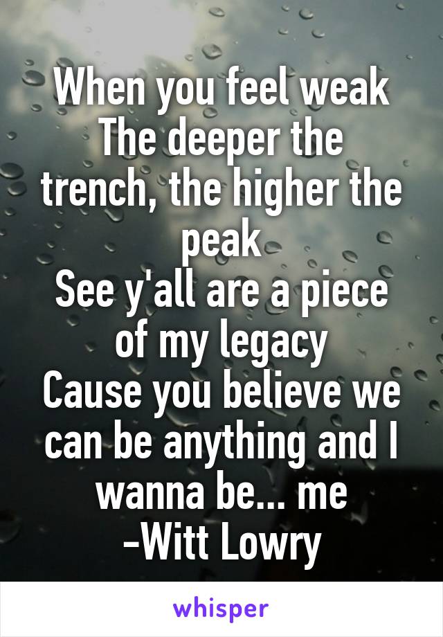 When you feel weak
The deeper the trench, the higher the peak
See y'all are a piece of my legacy
Cause you believe we can be anything and I wanna be... me
-Witt Lowry
