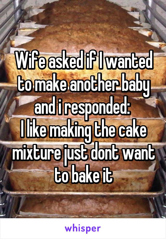 Wife asked if I wanted to make another baby and i responded: 
I like making the cake mixture just dont want to bake it