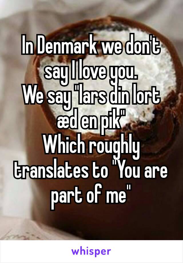In Denmark we don't say I love you.
We say "lars din lort æd en pik"
Which roughly translates to "You are part of me"
