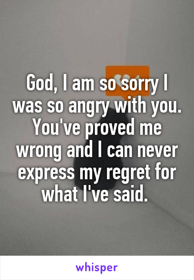 God, I am so sorry I was so angry with you. You've proved me wrong and I can never express my regret for what I've said. 
