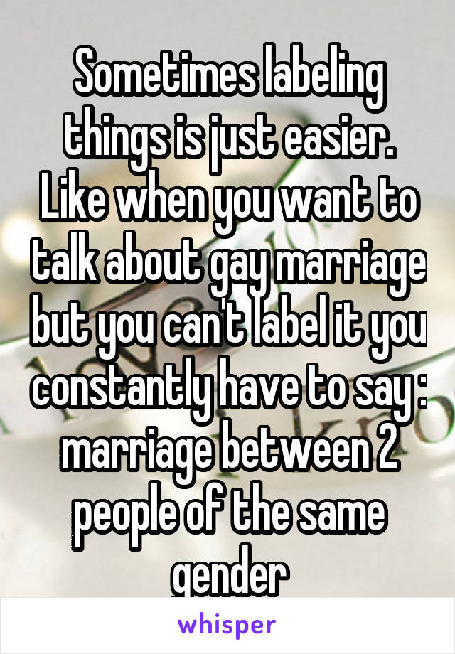 Sometimes labeling things is just easier. Like when you want to talk about gay marriage but you can't label it you constantly have to say : marriage between 2 people of the same gender