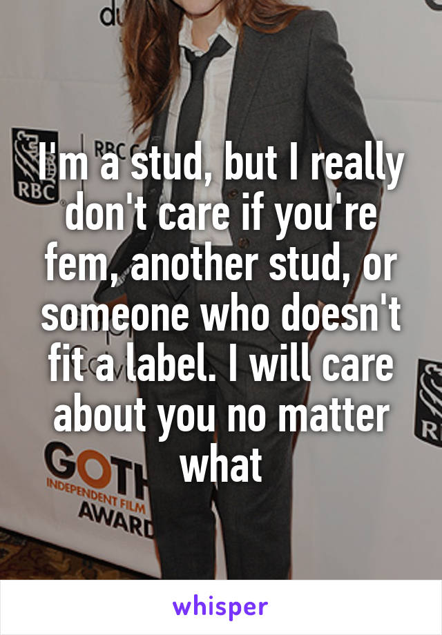 I'm a stud, but I really don't care if you're fem, another stud, or someone who doesn't fit a label. I will care about you no matter what