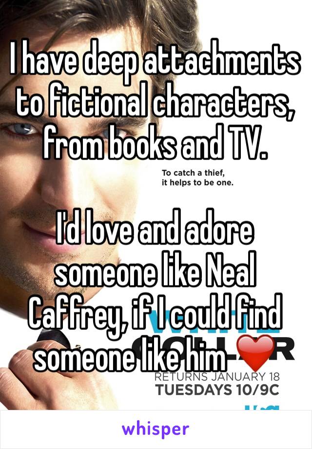 I have deep attachments to fictional characters, from books and TV. 

I'd love and adore someone like Neal Caffrey, if I could find someone like him ❤️