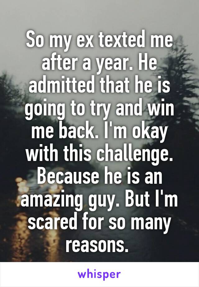 So my ex texted me after a year. He admitted that he is going to try and win me back. I'm okay with this challenge. Because he is an amazing guy. But I'm scared for so many reasons. 