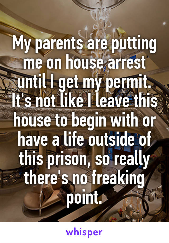 My parents are putting me on house arrest until I get my permit. It's not like I leave this house to begin with or have a life outside of this prison, so really there's no freaking point.