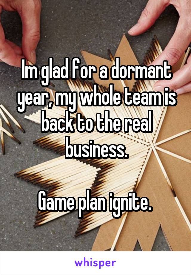 Im glad for a dormant year, my whole team is back to the real business.

Game plan ignite. 