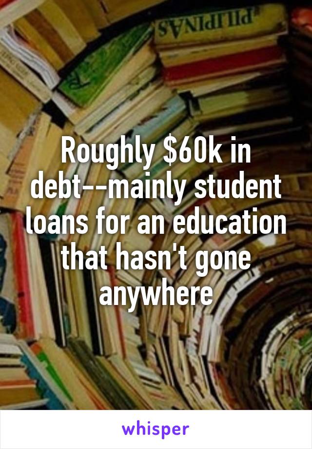 Roughly $60k in debt--mainly student loans for an education that hasn't gone anywhere