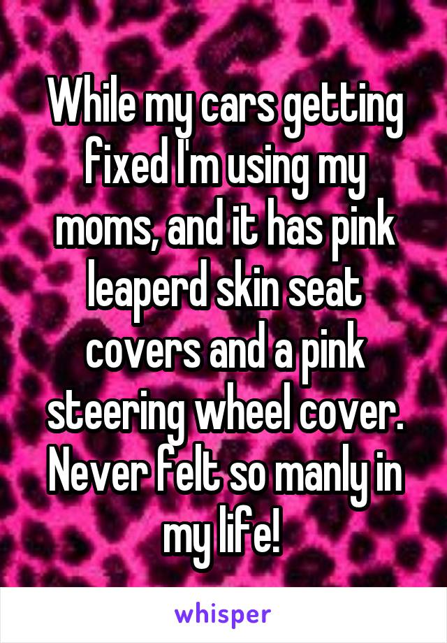 While my cars getting fixed I'm using my moms, and it has pink leaperd skin seat covers and a pink steering wheel cover. Never felt so manly in my life! 