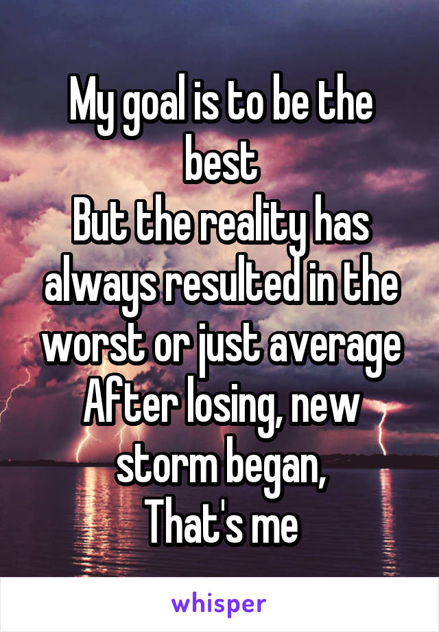 My goal is to be the best
But the reality has always resulted in the worst or just average
After losing, new storm began,
That's me