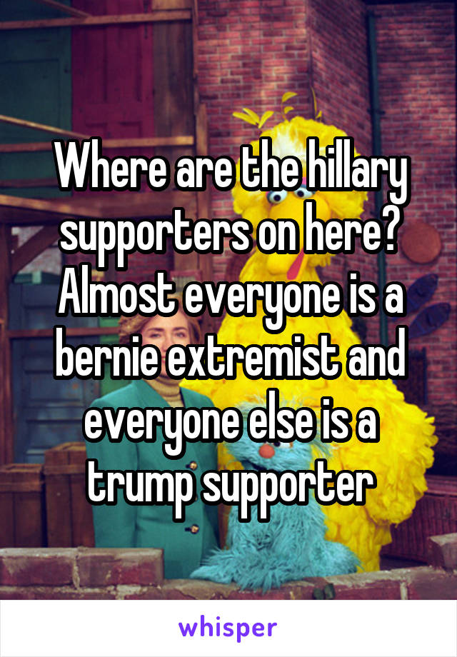 Where are the hillary supporters on here? Almost everyone is a bernie extremist and everyone else is a trump supporter