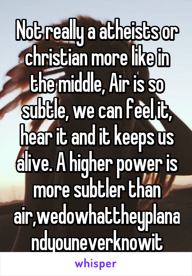 Not really a atheists or christian more like in the middle, Air is so subtle, we can feel it, hear it and it keeps us alive. A higher power is more subtler than air,wedowhattheyplanandyouneverknowit