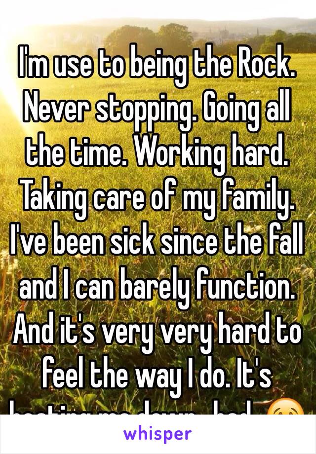I'm use to being the Rock. Never stopping. Going all the time. Working hard. Taking care of my family. I've been sick since the fall and I can barely function. And it's very very hard to feel the way I do. It's beating me down...bad. 😢