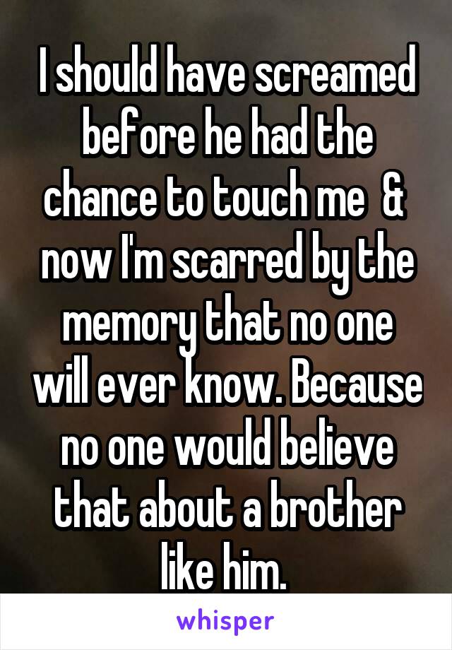 I should have screamed before he had the chance to touch me  &  now I'm scarred by the memory that no one will ever know. Because no one would believe that about a brother like him. 