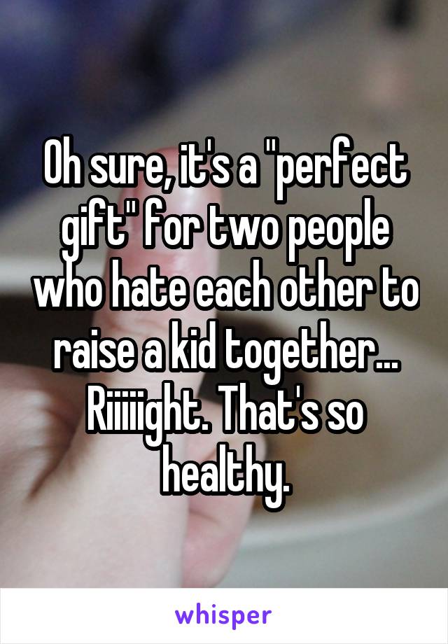 Oh sure, it's a "perfect gift" for two people who hate each other to raise a kid together... Riiiiight. That's so healthy.