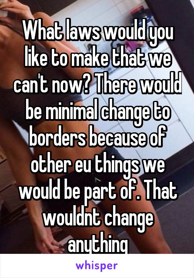 What laws would you like to make that we can't now? There would be minimal change to borders because of other eu things we would be part of. That wouldnt change anything