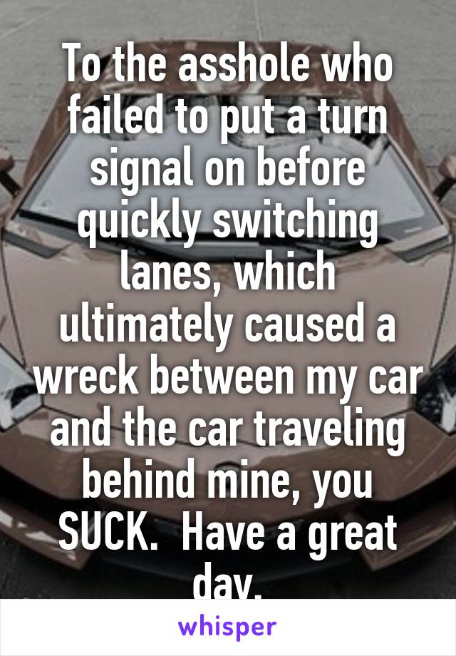 To the asshole who failed to put a turn signal on before quickly switching lanes, which ultimately caused a wreck between my car and the car traveling behind mine, you SUCK.  Have a great day.
