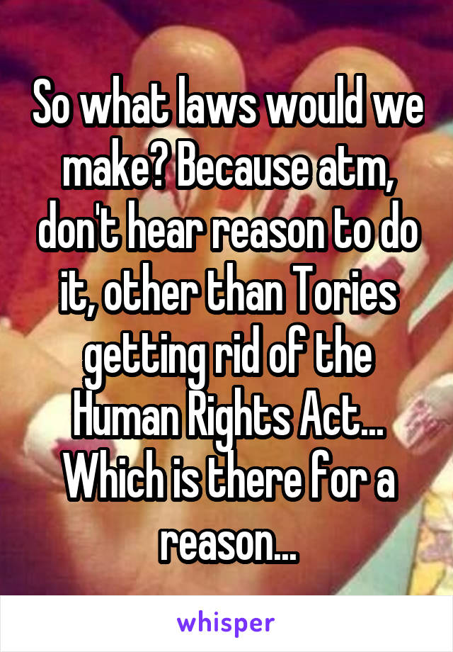 So what laws would we make? Because atm, don't hear reason to do it, other than Tories getting rid of the Human Rights Act... Which is there for a reason...