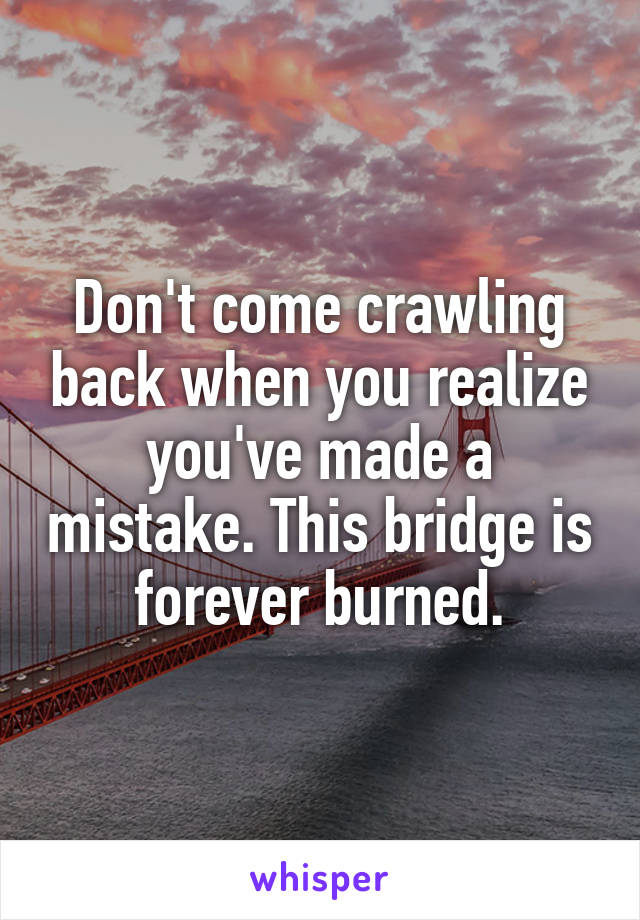 Don't come crawling back when you realize you've made a mistake. This bridge is forever burned.