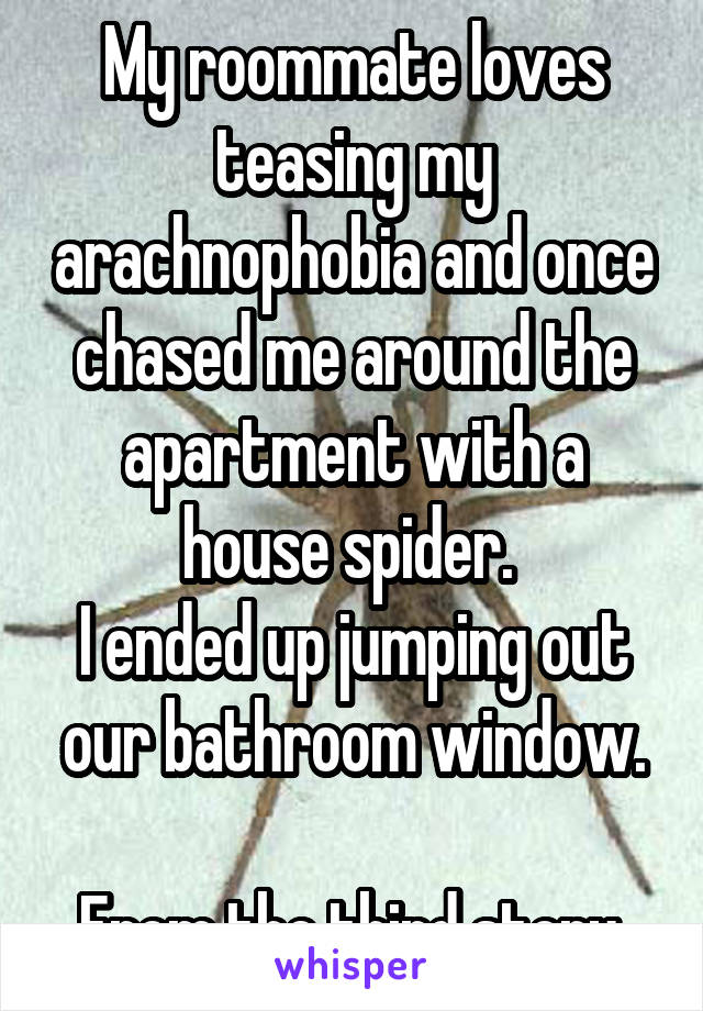 My roommate loves teasing my arachnophobia and once chased me around the apartment with a house spider. 
I ended up jumping out our bathroom window.

From the third story.