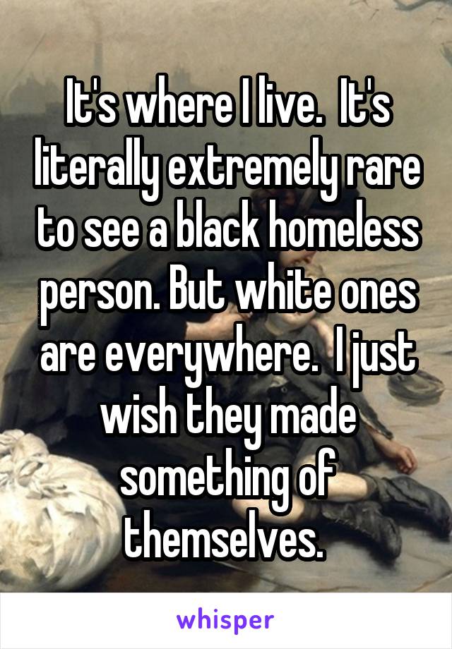 It's where I live.  It's literally extremely rare to see a black homeless person. But white ones are everywhere.  I just wish they made something of themselves. 