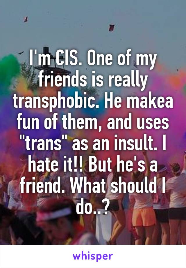 I'm CIS. One of my friends is really transphobic. He makea fun of them, and uses "trans" as an insult. I hate it!! But he's a friend. What should I do..?